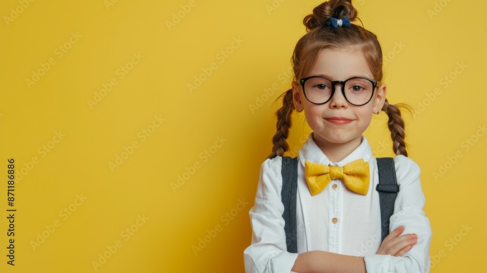A young girl with braids, glasses, and a yellow bow, stands confidently with arms crossed in front of a bright yellow background, exuding intelligence and confidence. A young girl with braids, glasses, and a yellow bow, stands confidently with arms crossed in front of a bright yellow background, exuding intelligence and confidence.