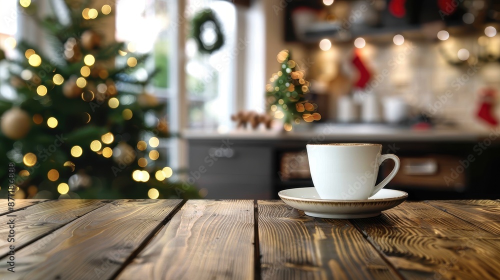 A cozy scene featuring a white coffee cup on a rustic wooden table, with a blurred festive Christmas background adorned with lights and decorations. A cozy scene featuring a white coffee cup on a rustic wooden table, with a blurred festive Christmas background adorned with lights and decorations.