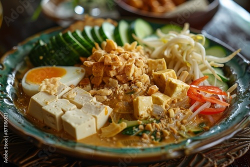 Gado gado is a Jakarta dish with boiled vegetables egg tofu fried onions crackers and peanut sauce photo