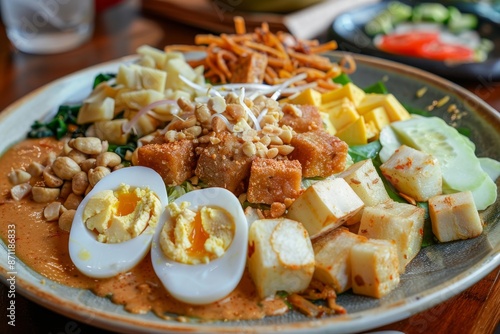 Gado gado Jakarta plate with veggies eggs tofu tempeh nuts chips and peanut cashew sauce photo