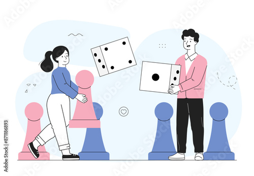 People with board game. Man and woman with dice and chess pieces. Entertainment and leisure indoors. Friends spending time together. Linear vector illustration