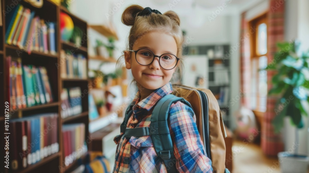 A cheerful young girl with glasses and a backpack stands smiling in a cozy library, wearing a plaid shirt, representing a love for reading and education. A cheerful young girl with glasses and a backpack stands smiling in a cozy library, wearing a plaid shirt, representing a love for reading and education.