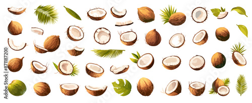 Cartoon coconut set. Exotic half whole coconuts pieces palm tropical fruit, organic healthy food vector illustration