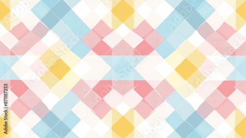 Wallpaper Mural This image features a symmetrical geometric pattern with pastel colored diamond shapes in pink, blue, yellow, and white creating a vibrant and playful design. Torontodigital.ca