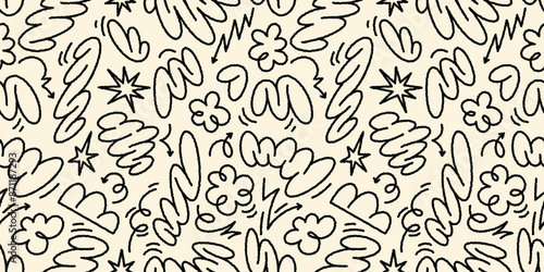 Abstract vector seamless pattern with floral shapes, groovy doodles and squiggle lines. Ideal for retro-inspired designs and creative projects.