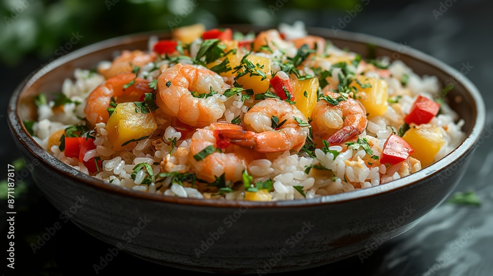 A close-up shot of a bowl of Thai shrimp fried rice, with pineapple, peppers, and cilantro, on a black background. A close-up shot of a bowl of Thai shrimp fried rice, with pineapple, peppers, and cilantro, on a black background.