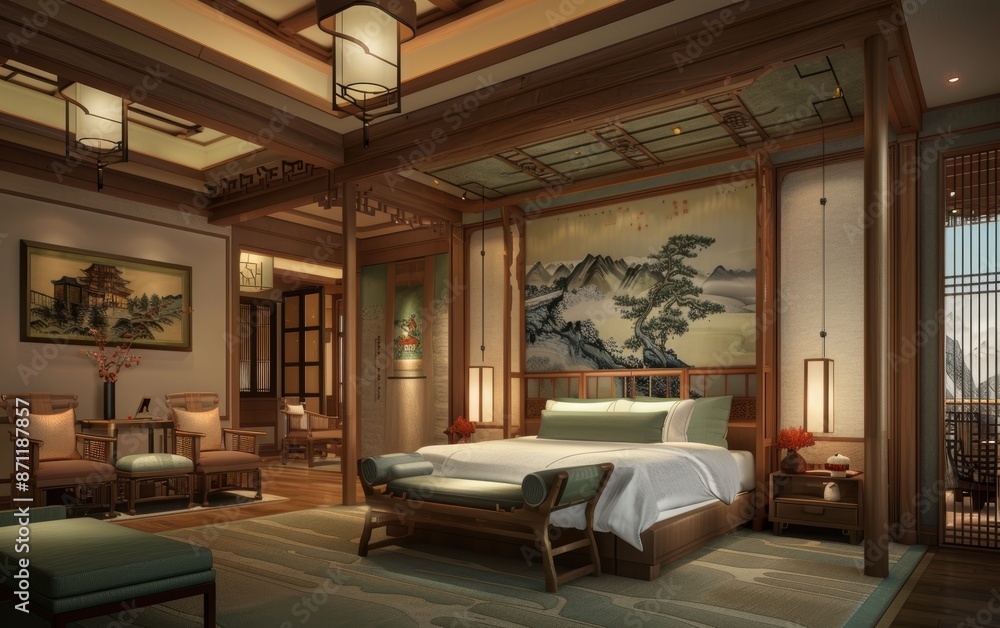 Luxurious Asian-Inspired Bedroom with Artwork. Generative AI.