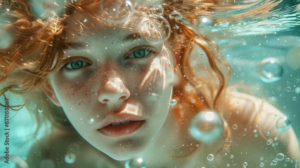 Underwater Portrait of a Serene Woman with Red Hair and Freckles Underwater Portrait of a Serene Woman with Red Hair and Freckles