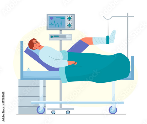 Man with broken leg. Young guy with broken bone lies in hospital room. Health care and medicine, treatment. Person with injury. Hospitalization of patient. Flat vector illustration