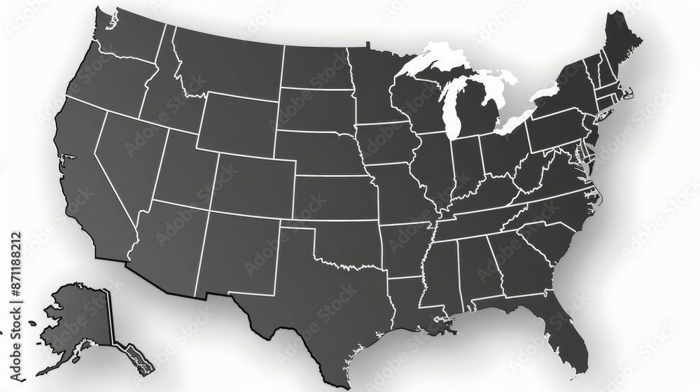 A detailed, unlabeled black and white map showing all fifty states of ...