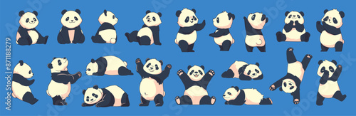 Cartoon cute panda set. Black and white asian bear character poses sitting standing lying dance, adorable animal vector illustration