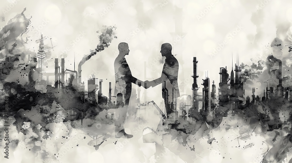Obraz premium Silhouettes of two businessmen shaking hands in front of a polluted cityscape.