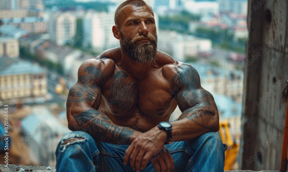 Muscular Bodybuilder Sitting at a Skyscraper Construction Site, Happy and Hard at Work Muscular Bodybuilder Sitting at a Skyscraper Construction Site, Happy and Hard at Work