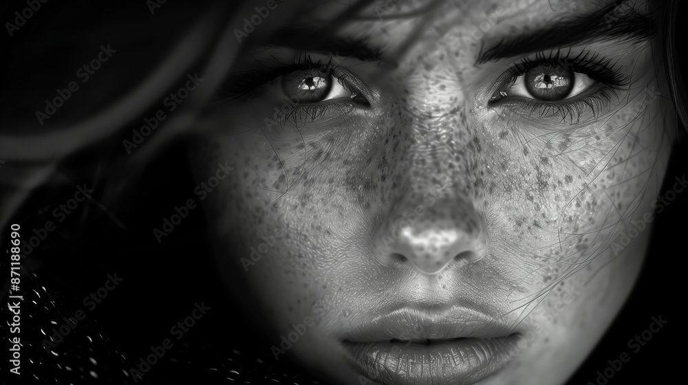 A black and white portrait focusing on the face of a woman with freckles. The image captures her intense gaze and expressive eyes. A black and white portrait focusing on the face of a woman with freckles. The image captures her intense gaze and expressive eyes.