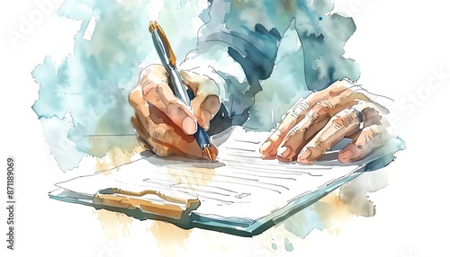 Close up of hands signing a document on a clipboard, watercolor painting. photo