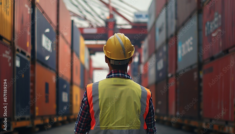 Worker in hardhat and safety vest looks out at containers in port. Worker in hardhat and safety vest looks out at containers in port.