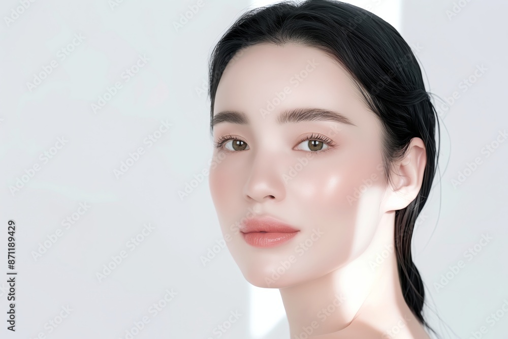 close up face portrait of young pretty Asian woman amber eyes with bright flawless clean clear skin, beauty cosmetic or skincare fashion portrait with copy space close up face portrait of young pretty Asian woman amber eyes with bright flawless clean clear skin, beauty cosmetic or skincare fashion portrait with copy space