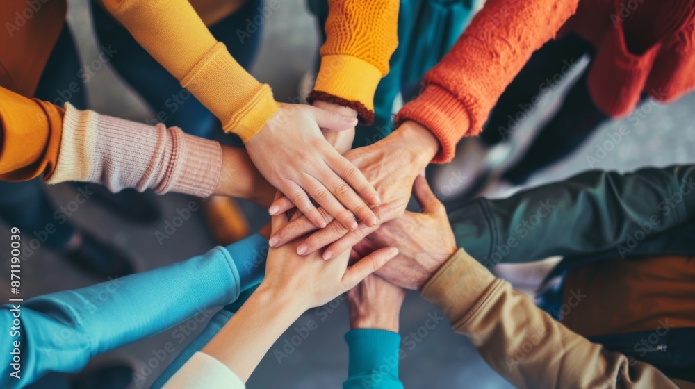 Diverse group of people joining hands together in a circle showing teamwork and unity Diverse group of people joining hands together in a circle showing teamwork and unity