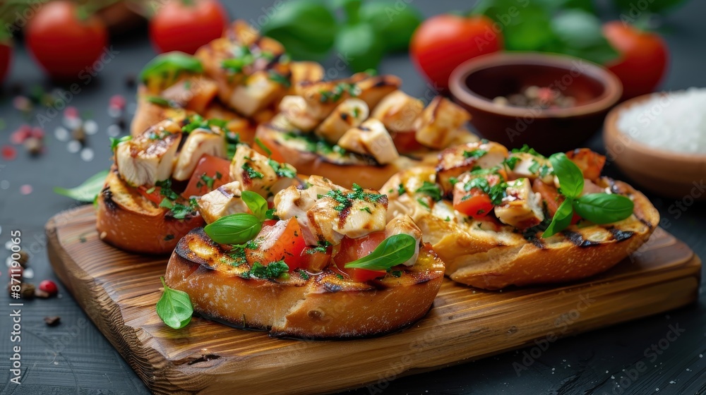 A delectable bruschetta with grilled chicken, tomatoes, basil, and herbs on a rustic wooden board, perfect for a delightful and flavorful culinary experience. A delectable bruschetta with grilled chicken, tomatoes, basil, and herbs on a rustic wooden board, perfect for a delightful and flavorful culinary experience.