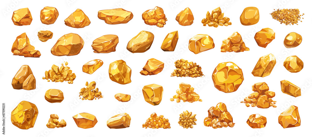 Cartoon gold nuggets and rocks set. Gem stones piles and heaps, golden game mine treasure vector illustration Cartoon gold nuggets and rocks set. Gem stones piles and heaps, golden game mine treasure vector illustration