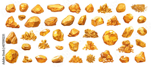 Cartoon gold nuggets and rocks set. Gem stones piles and heaps, golden game mine treasure vector illustration