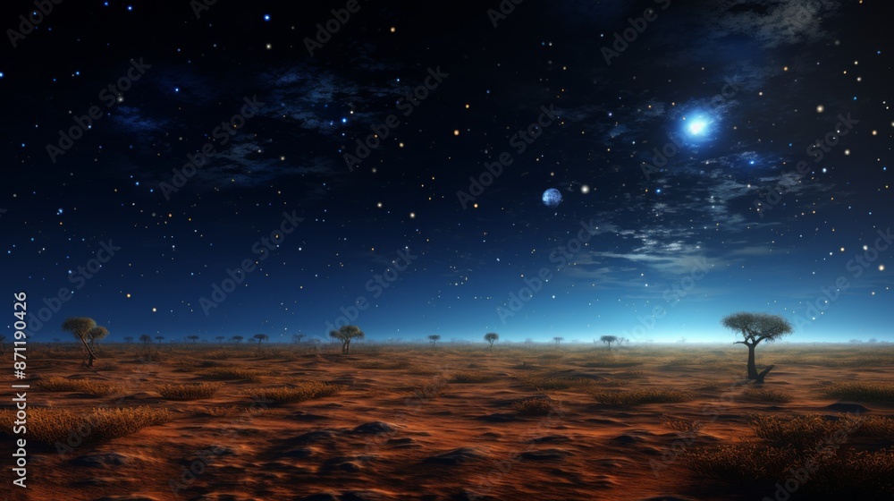Obraz premium A breathtaking view of a vast desert under a clear, star-filled sky with a few scattered trees, creating a sense of serenity and infinite possibilities.