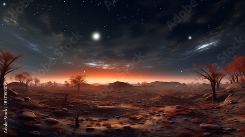 A stunning sunset scene with a blazing red sky, sparse trees, and a rocky landscape, symbolizing the beauty and solitude of nature's end-of-day moments.