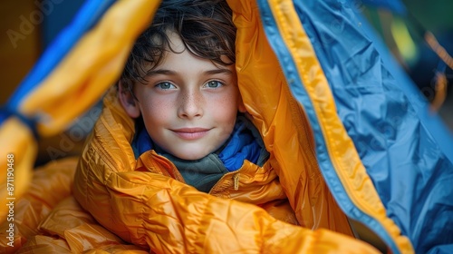 A boy, warmly nestled in a blue and orange sleeping set, looks content at a campsite. Tents and vibrant camping scenes create the perfect backdrop for outdoor fun. photo