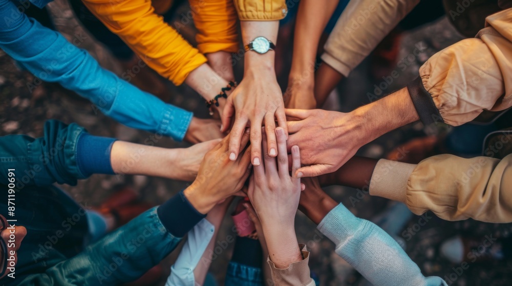 Diverse group of people joining hands together in a circle showing teamwork and unity Diverse group of people joining hands together in a circle showing teamwork and unity