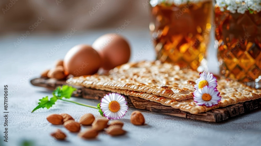 This image features a piece of matzo bread, almonds, two eggs, and iced tea in glasses, all beautifully decorated with fresh flowers for a pleasant and vibrant presentation. This image features a piece of matzo bread, almonds, two eggs, and iced tea in glasses, all beautifully decorated with fresh flowers for a pleasant and vibrant presentation.