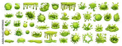 Cartoon green slime set. Sticky toxic blots, drip jelly splash, glow monster mucus blob vector illustration