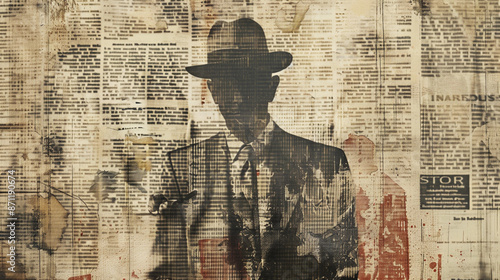 Shrouded mysterious mystery man in hat vintage newspaper reporter overlay