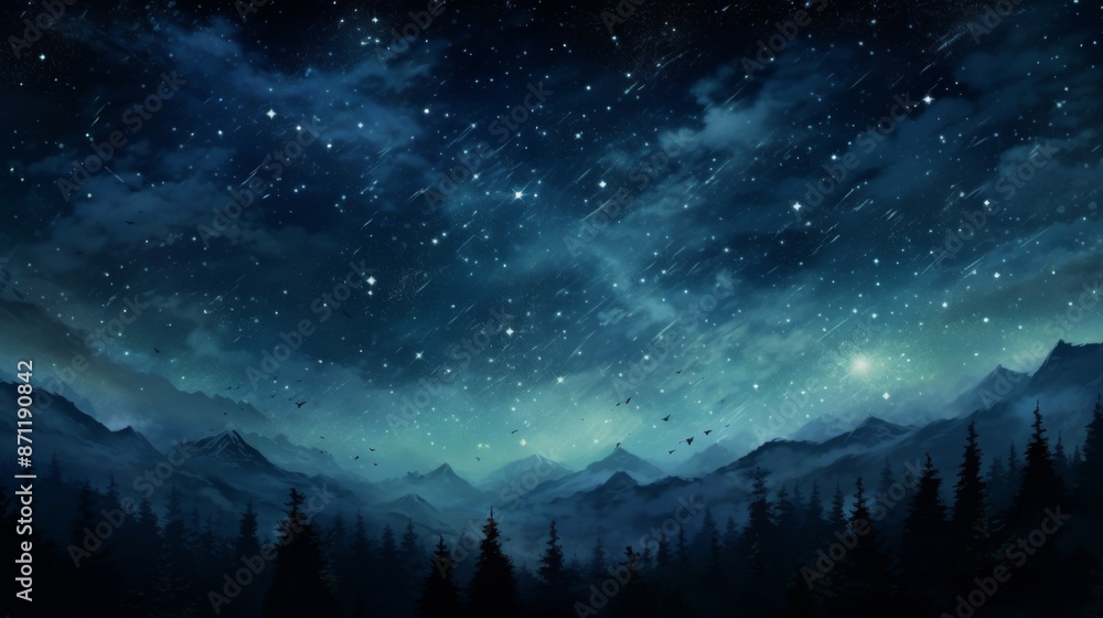 A captivating image of a starry night sky above a rugged mountain range and dense forest trees, perfect for depicting the untouched beauty and mystery of the wilderness. A captivating image of a starry night sky above a rugged mountain range and dense forest trees, perfect for depicting the untouched beauty and mystery of the wilderness.