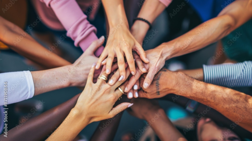 Diverse group of people joining hands together in a circle showing teamwork and unity Diverse group of people joining hands together in a circle showing teamwork and unity