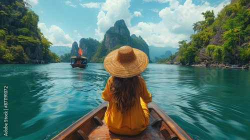 A back view of a woman in a yellow dress and a straw hat on a wooden boat, gliding through peaceful waters with majestic limestone cliffs and lush greenery in the backdrop.