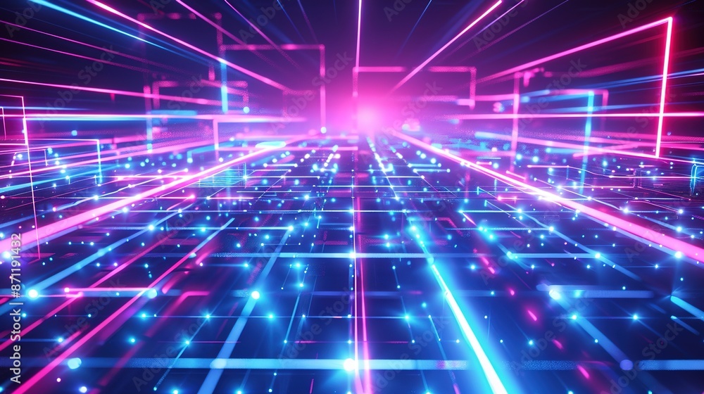 Obraz premium Glowing Neon Grid: Abstract Digital Patterns with Pulsating Lights