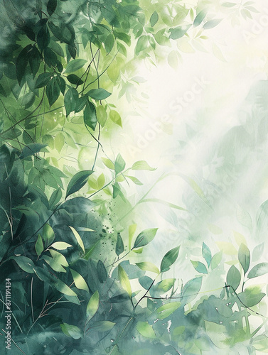 watercolor painting of green leaves background framing a text space