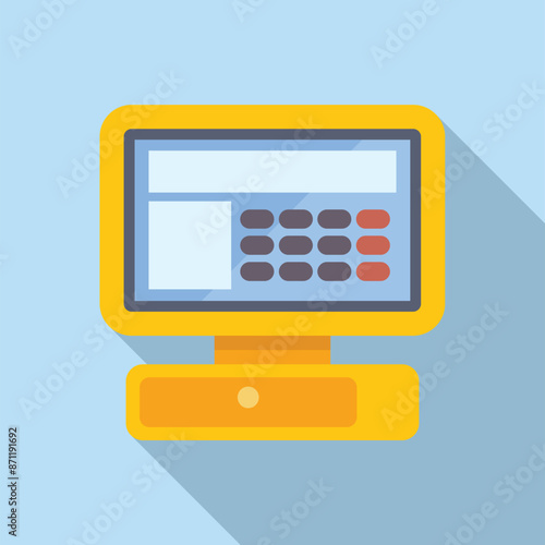Modern yellow pos terminal accepting contactless payment, point of sale, cashless technology