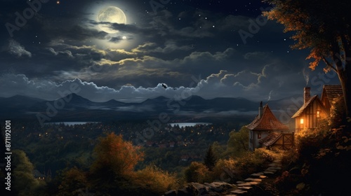 A quaint cottage on a hillside is warmly lit at night, surrounded by trees, with a full moon illuminating the cloudy sky and a distant village below.