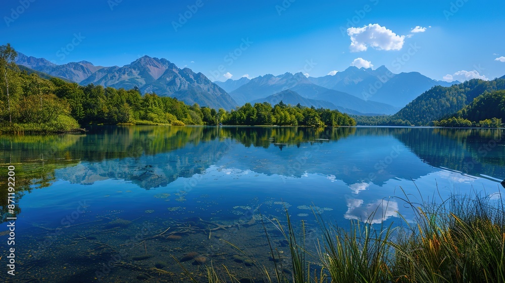 A tranquil lake reflecting the clear blue sky and surrounded by vibrant green trees and mountains in the distance. A tranquil lake reflecting the clear blue sky and surrounded by vibrant green trees and mountains in the distance.