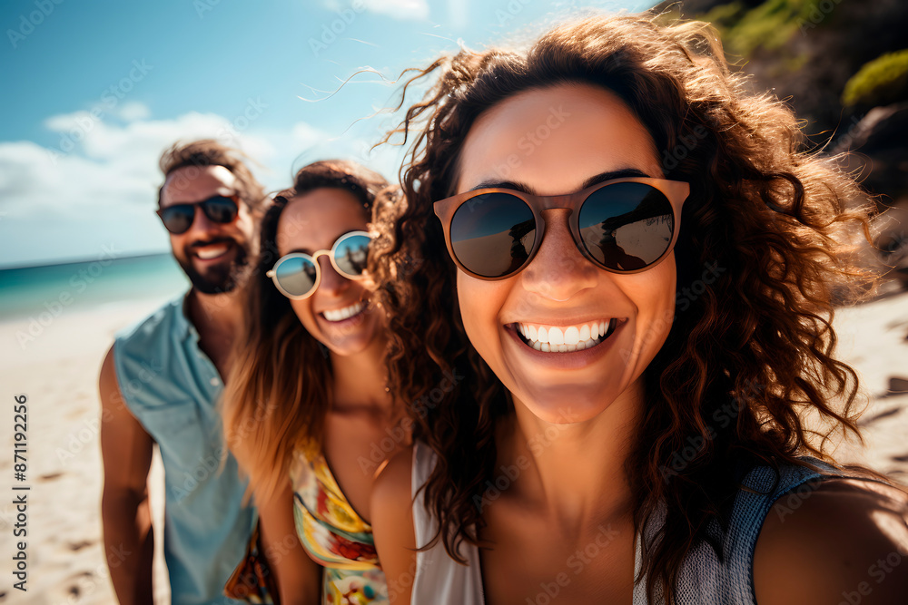 Selfie of a group of 30 year old multiethnic friends at the beach. Generative Ai. Selfie of a group of 30 year old multiethnic friends at the beach. Generative Ai.