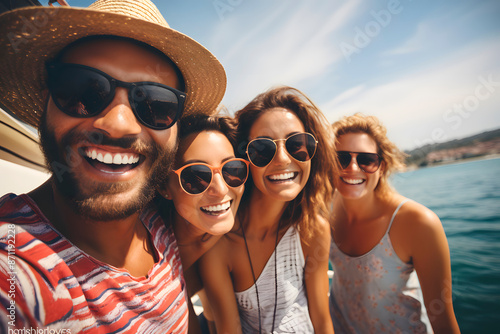 Selfie of a group of 30 year old multiethnic friends at the beach. Generative Ai.