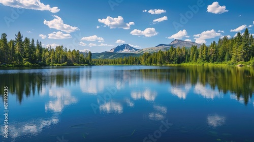 Serene Lake Landscape with Reflection of Blue Sky, Green Trees, and Distant Mountains