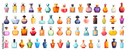 Cartoon perfume bottles set. Beauty product aroma cosmetics scented water in glass vials vector illustration