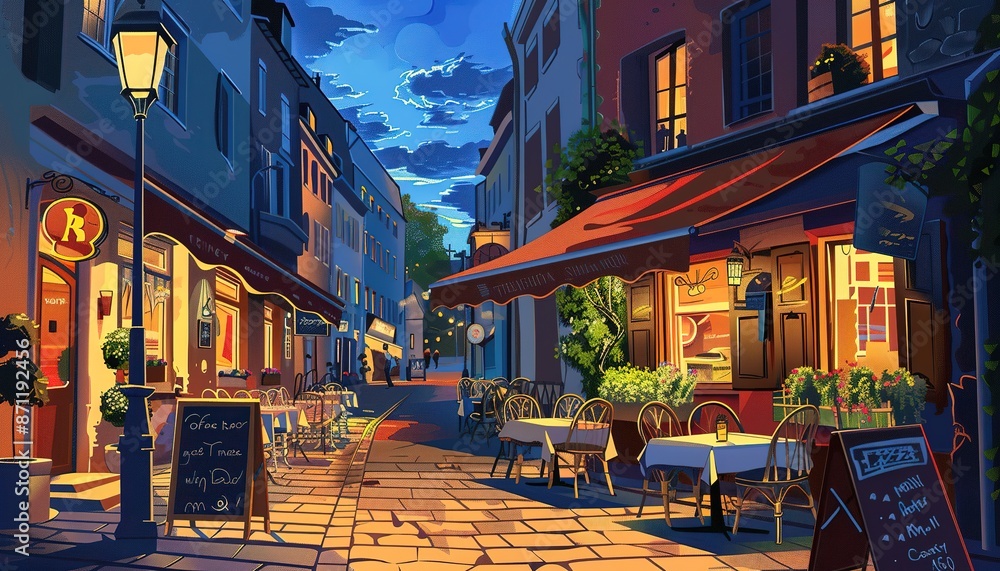 Fototapeta premium landscape Evening European modern Streetside Cafe, cartoon