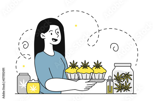 Woman with cannabis. Young girl with grass cakes. Drug addiction and dependency. Legalized medicine. Person with narcotic in pastry. Linear flat vector illustration