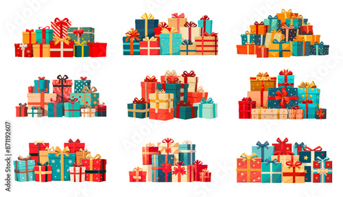 Cartoon piles of gift boxes set. Big present gifts mountains, christmas or birthday colorful wrapped surprise package ribbon vector illustration