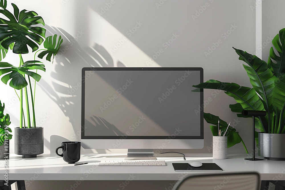 A modern home office setup with a computer monitor and plants, creating a stylish and productive workspace environment. A modern home office setup with a computer monitor and plants, creating a stylish and productive workspace environment.