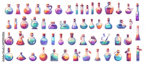Cartoon potion bottles set. Magic witch alchemist liquid elixir in glass vial for game vector illustration