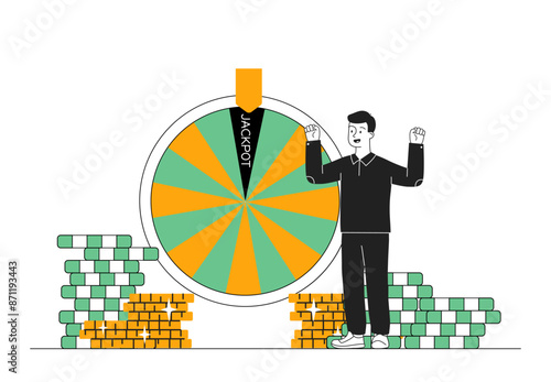 Man with casino. Young guy stands near multicolored roulette wheel. Game for luck and fortune. Person with gambling. Winner with prize. Linear vector illustration